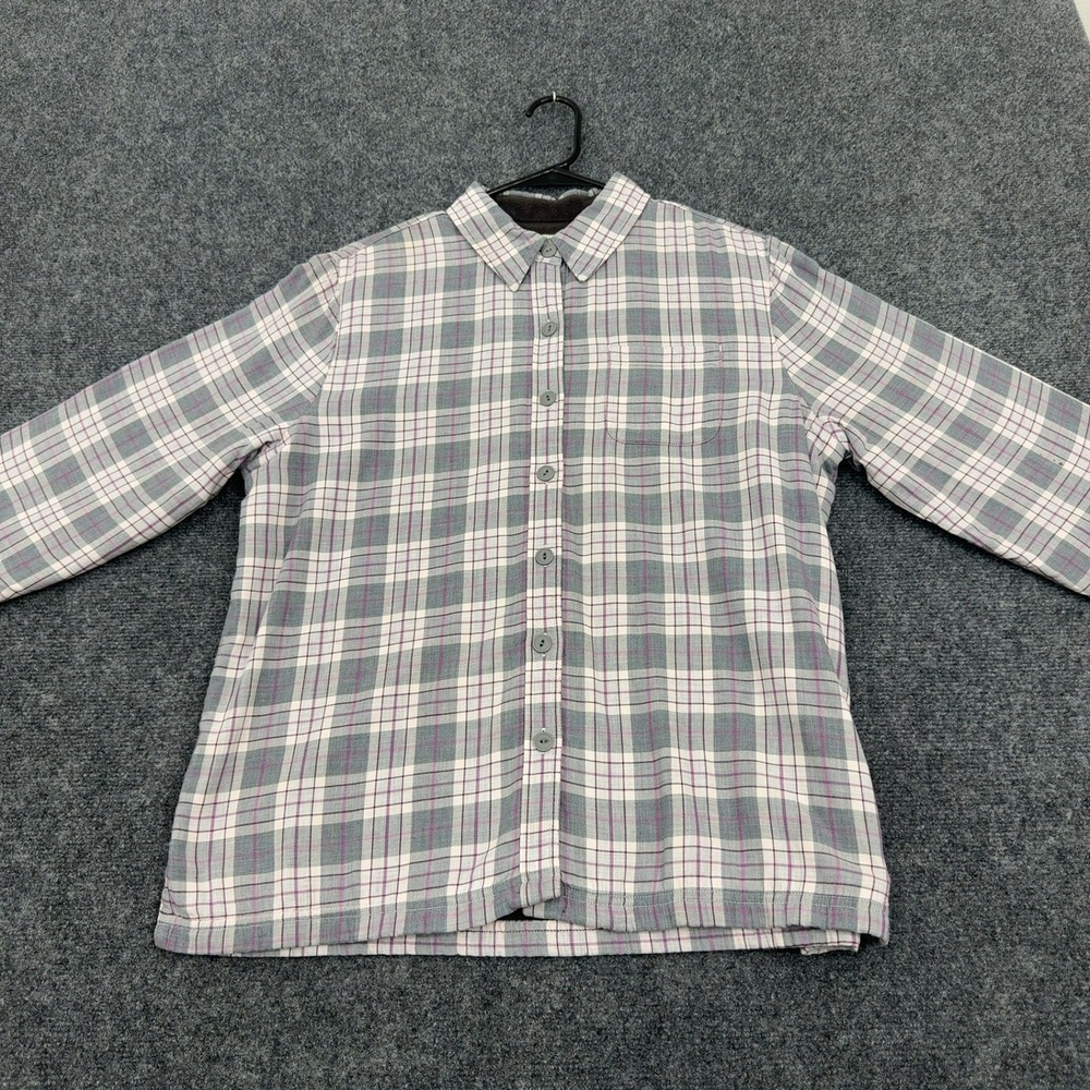 LL‎ Bean Shirt Womens M Grey Cotton Fleece Lined Plaid Flannel Button Up Casual